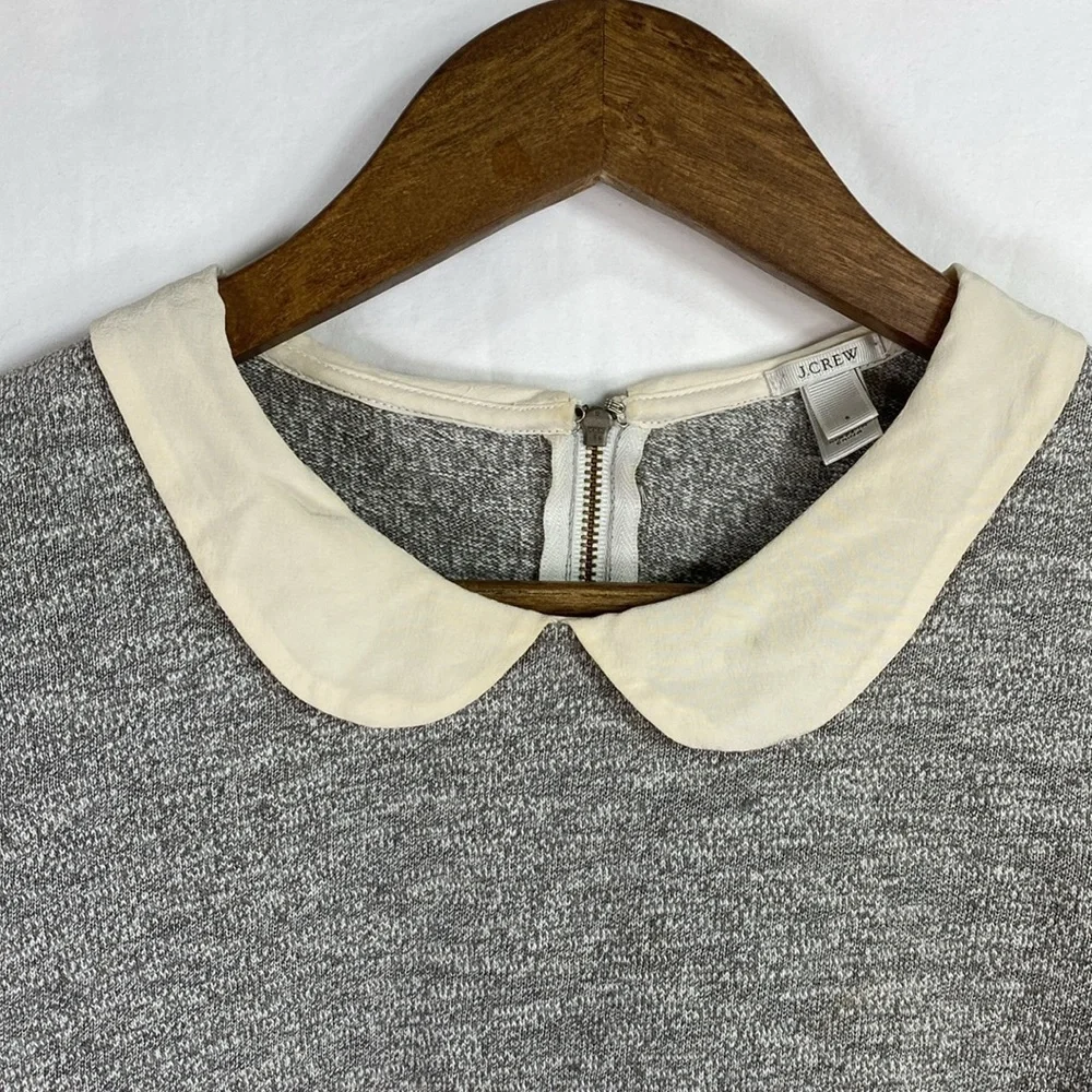 J. Crew Gray with Cream Silk Trim Peter Pan Collar Long Sleeve Shirt Top, Size S